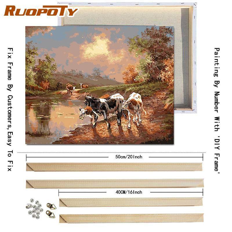 RUOPOTY Цифровая живопись Осенний пейзаж Wall Art Уникальный подарок DIY Рамка Украшение дома Ручная роспись Раскраска Гостиная