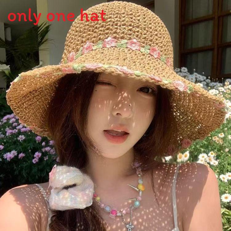 Floral Pattern Wide Brim Straw Hat With Adjustable Fit For Summer Outdoor Wear