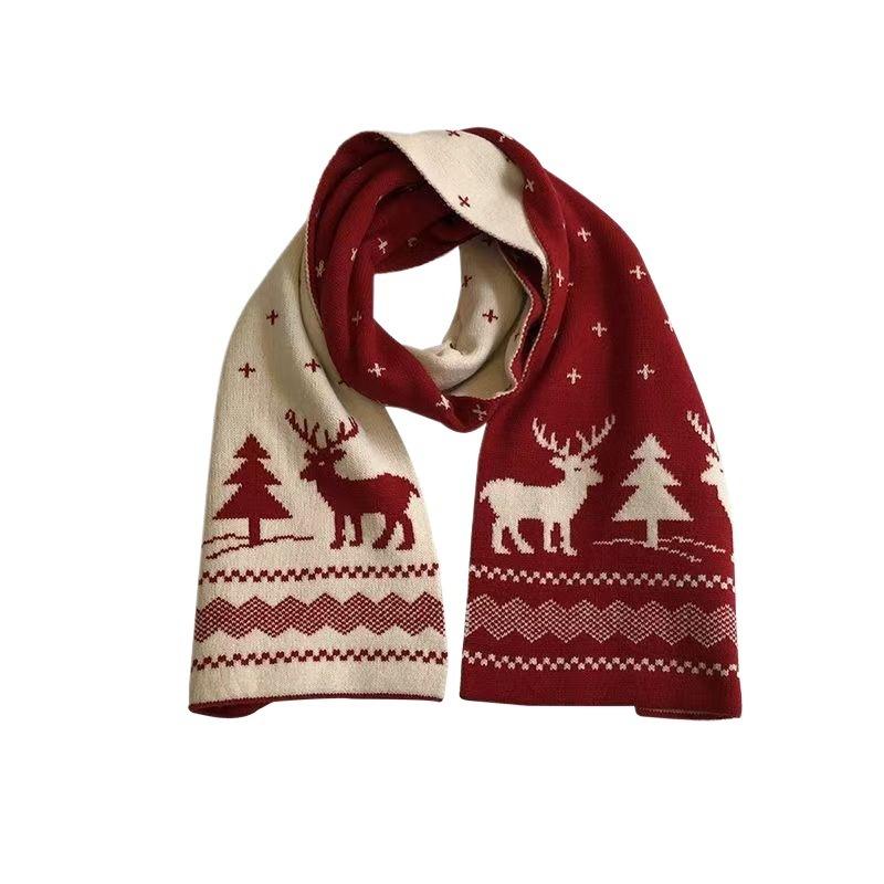 Knitted Scarf Christmas Deer New Scarf Female Winter Korean Versatile Cute Elk Red Student Warm and Windproof