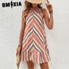 Summer Women's Colorful Striped Halter Rainbow Dress