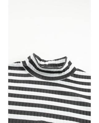 Black Striped Print Textured Knit Long Sleeve Tee