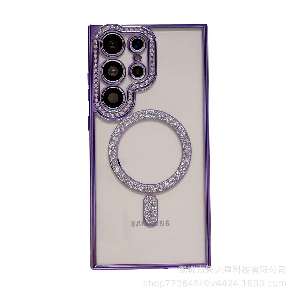 Магнитный чехол для телефона Samsung S24 Ultra со стразами - Мягкий чехол с градиентом блесток для объектива S23 Plus
