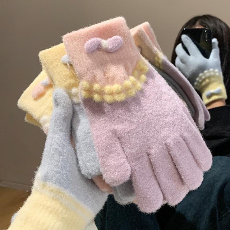 2025 Cute Bow Knitted Plush Gloves Autumn And Winter Warm Five-finger Cute Student Winter Gloves