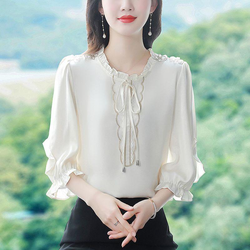 Весна Осень Рюши V-образный вырез Шнуровка Элегантная рубашка Женская рукав 3/4 Вышивка Однотонный пуловер Блузка Топ