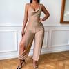 Сексуальные комбинезоны с открытой спиной и бретельками через шею с высокой талией, женские наряды, модные комбинезоны без рукавов с широкими штанинами для женщин, элегантные однотонные облегающие комбинезоны 25751