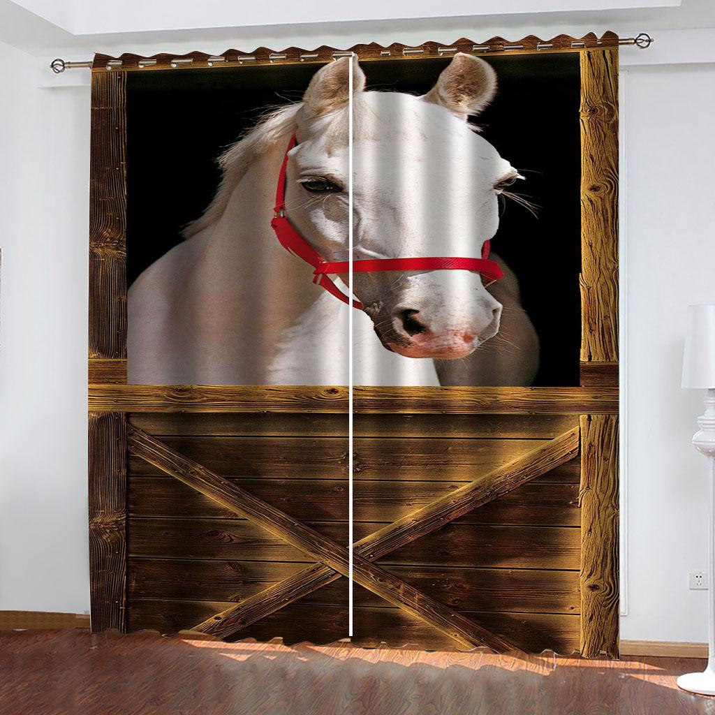 Horse With Wooden Door 3D Digital Printing Bedroom Living Room Window Curtains 2 Panels