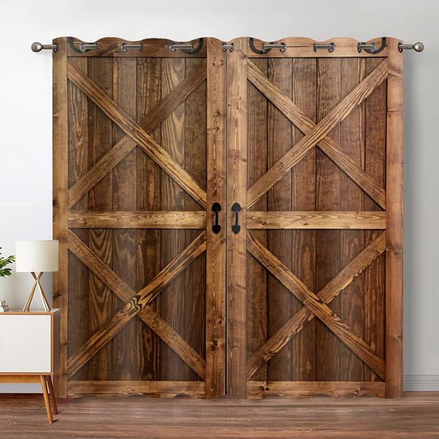 Rustic Wooden Blackout Curtains Vintage Barn Door Farmhouse Countryside Room Window Drapes For Bedroom Living Room High Shading