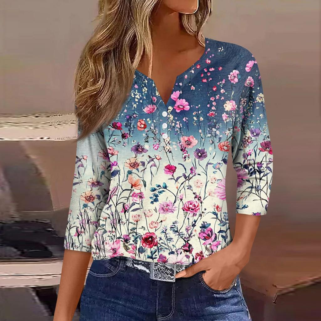 Женская модная повседневная футболка с цветочным принтом, V-образным вырезом, коротким рукавом, декоративными пуговицами и рукавом три четверти