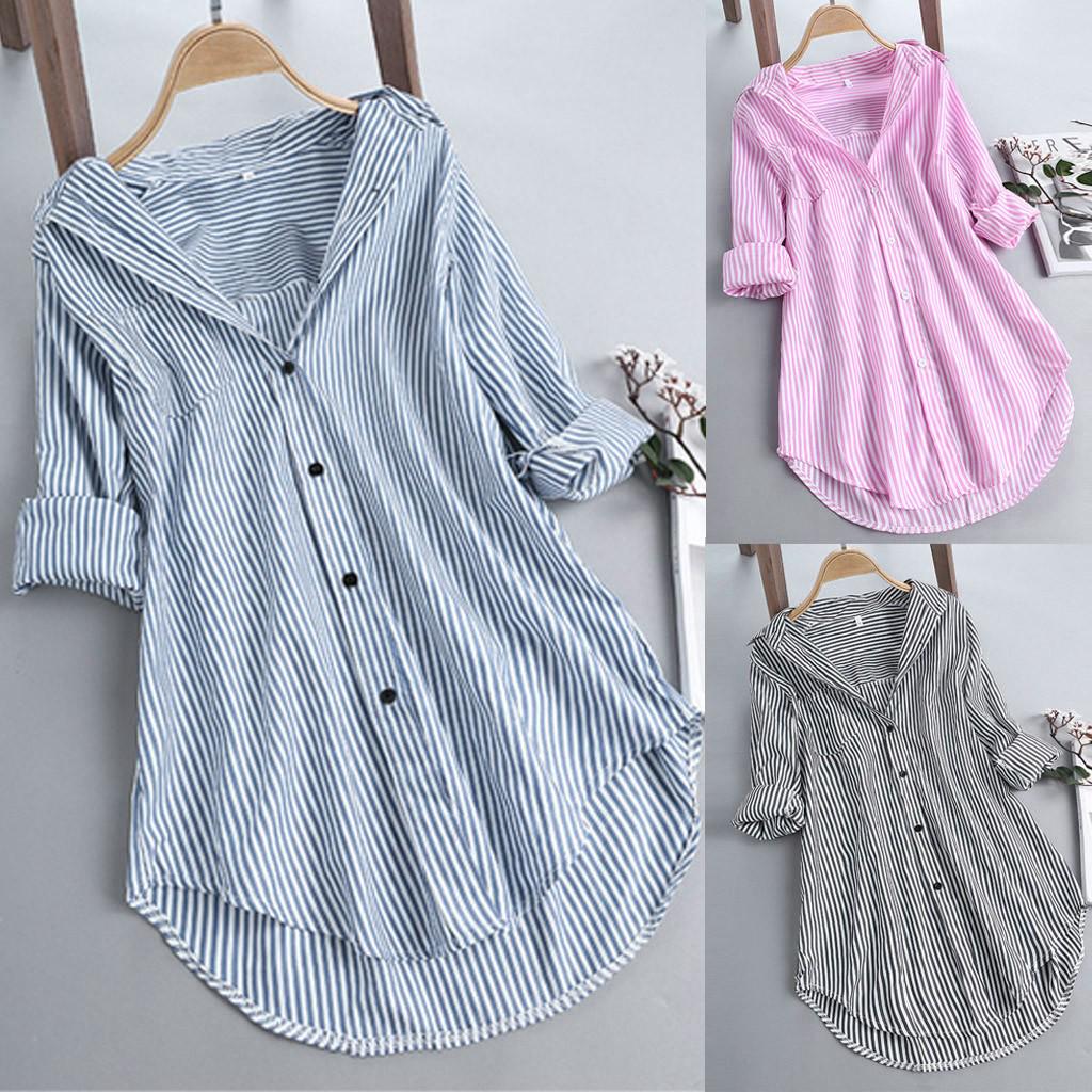 Women Stripe Long Sleeve Turn-down Collar Button Loose Top Shirts Blouse