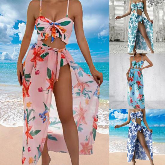 Длинная юбка Купальники Шикарный сладкий женский купальник из трех частей с рюшами