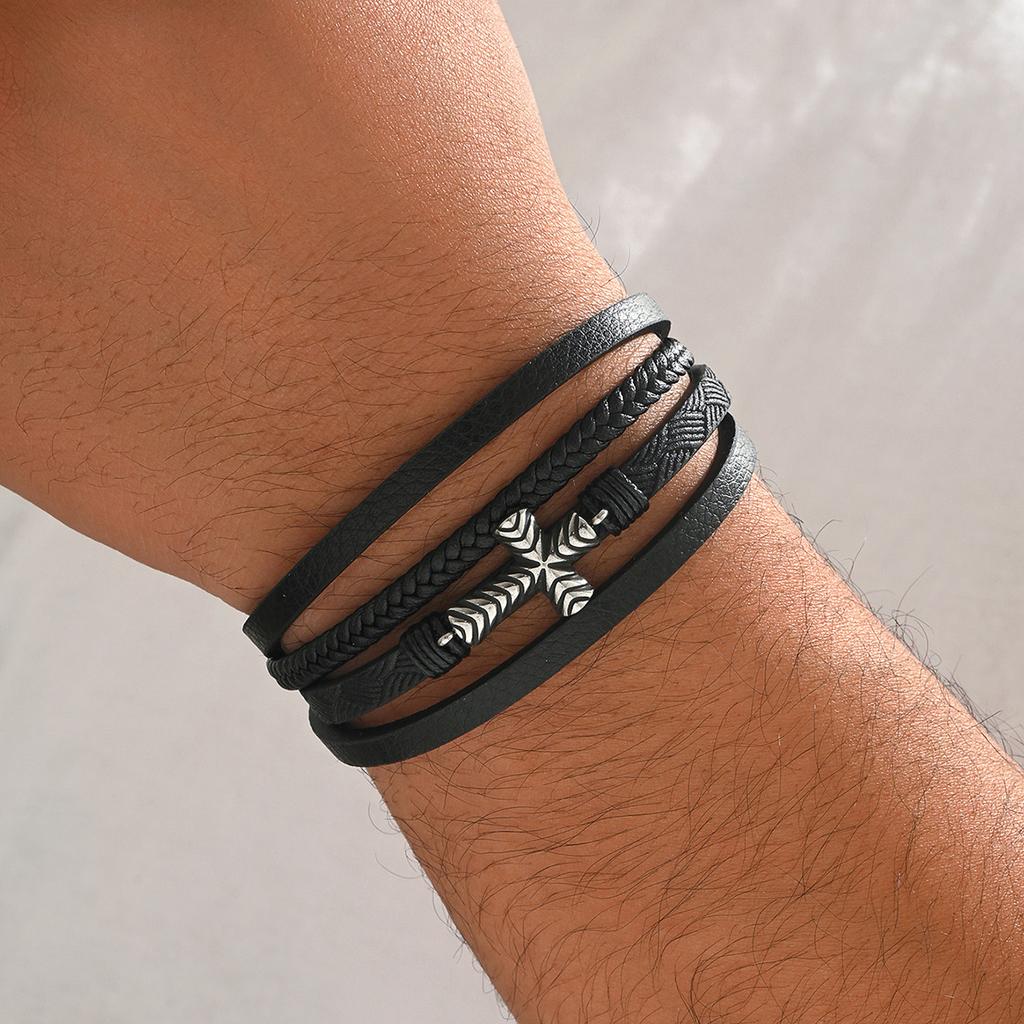 Fashionable Cross Pattern Multi-layer Woven Leather Bracelet Hot Selling Cross-border Source Trendy Men's Accessories