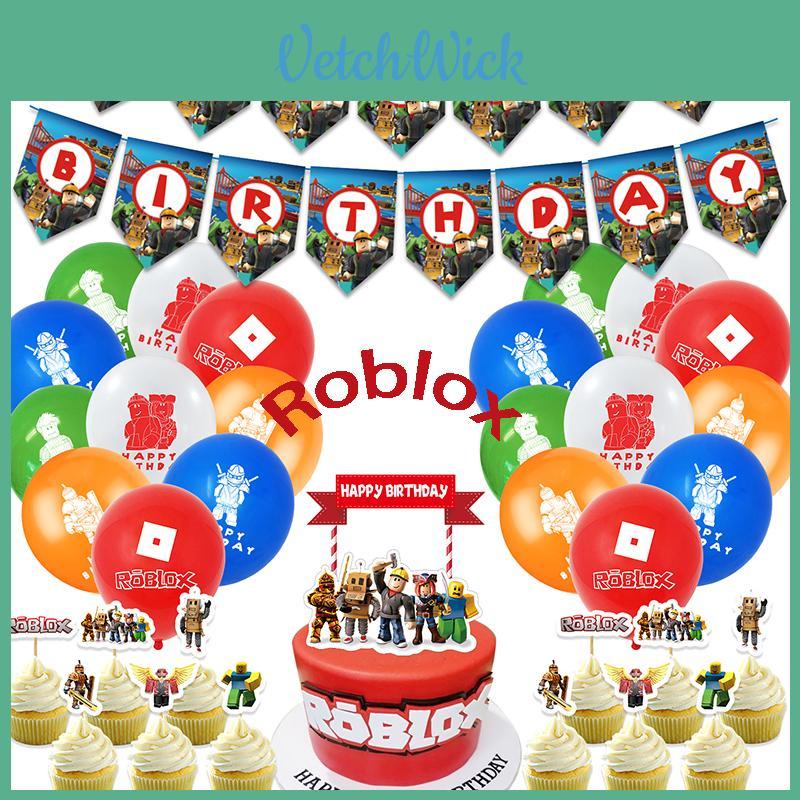 Набор принадлежностей для дня рождения в стиле Roblox, включающий яркий баннер, воздушные шары и топперы для торта для детей