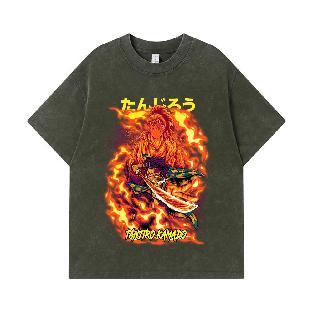 275 GSM Washed T-shirts 100% Cotton Demon Slayer V107 Tanjiro Print Unisex Heavy Cotton T Shirt