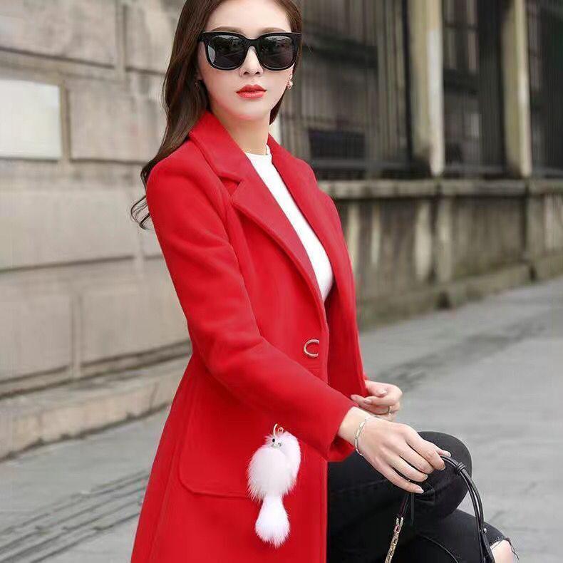 Spring/Autumn/Winter Slim Woolen Coat V-neck Solid Color Long Coat Large Size Casual Warm Windbreaker Temperament Top with Pendant