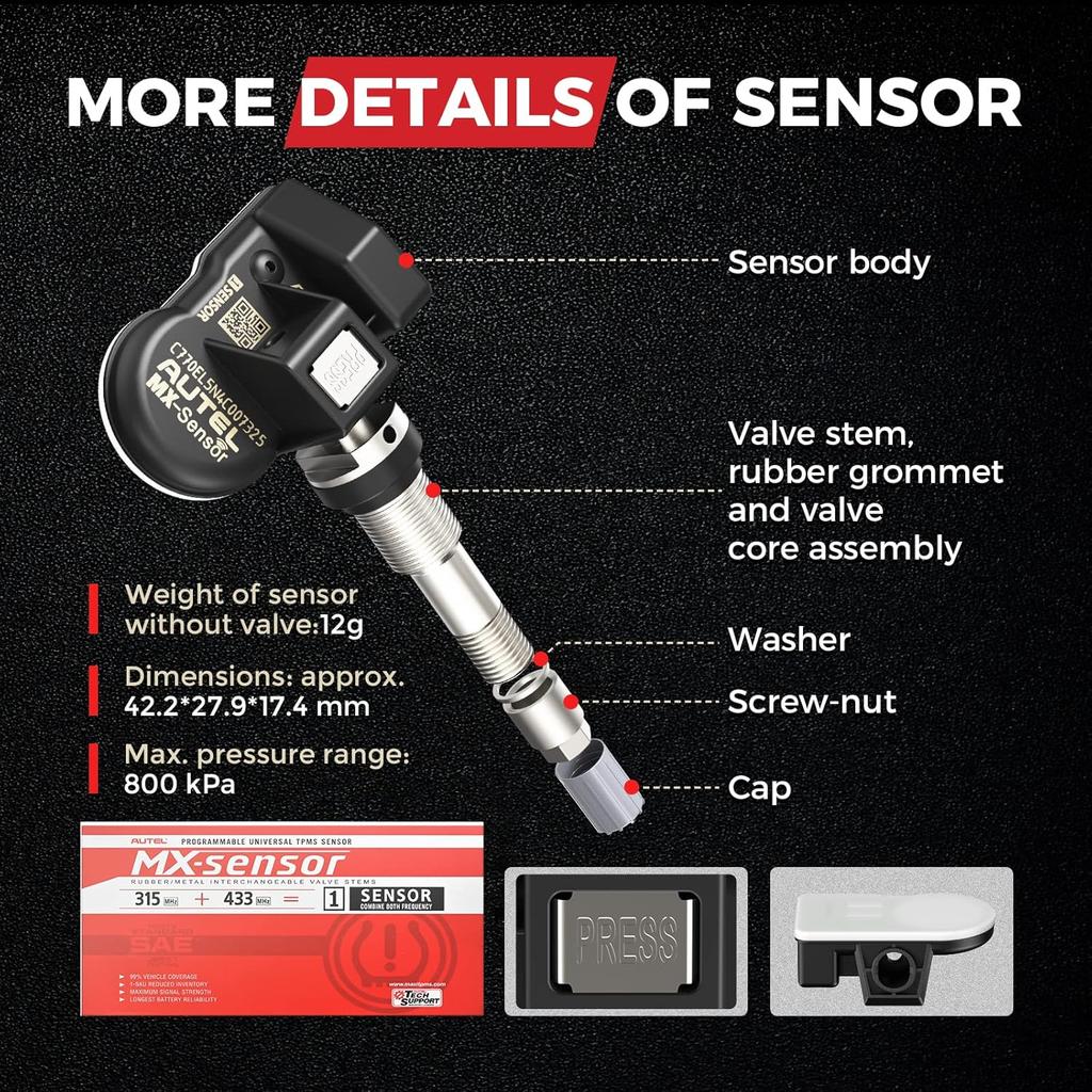 Autel TPMS Sensor 1-Sensor, MX-Sensor 315MHz + 433MHz Metal Valve, Programmable Universal Specially Built for OEM Sensors Replacement, Work with