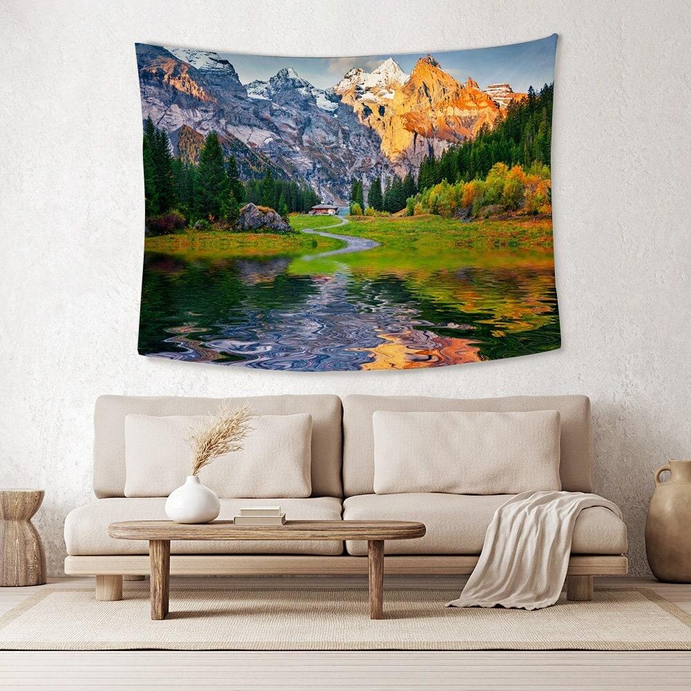 Snow Mountain Tapestry Wall Hanging Autumn Forest Lake Tapestry Nature Landscape Wall Art Tapestry Home Wall Decor Autumn in Swiss Alps