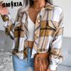 Женские винтажные повседневные свободные осенне-зимние клетчатые куртки с лацканами с длинными рукавами и шерстяная куртка-фонарь
