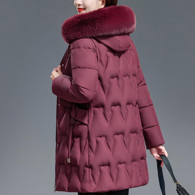 Middle Age Woman Winter Coats Hooded Faux Fur Collar Casual Thick Warm Long Parkas Women's Jackets
