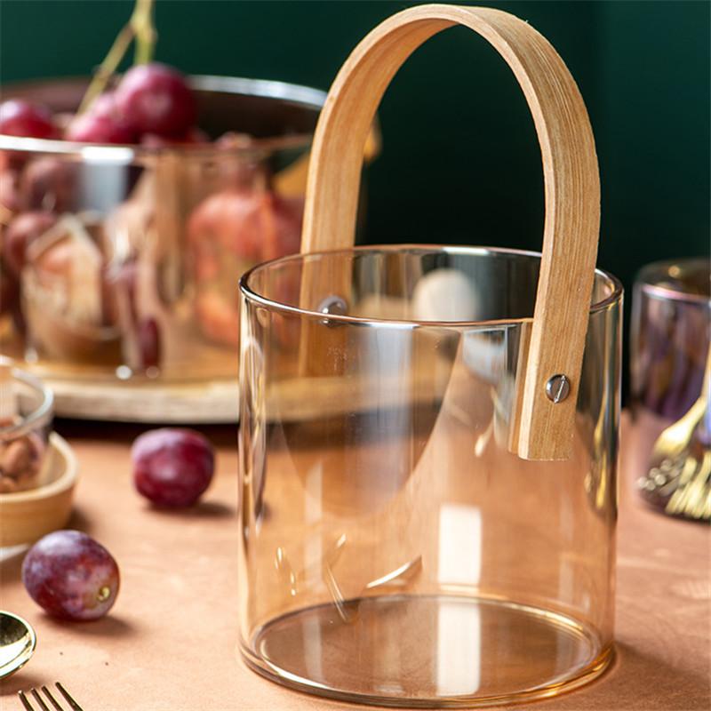 Переносная прозрачная стеклянная тарелка для фруктов | Ведро для ледяного вина | Салатница | Корзина для хранения закусок с деревянной ручкой
