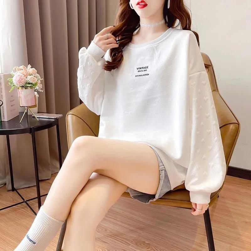 Пуловер-свитер, женский осенний свободный свитер больших размеров с длинными рукавами и круглым вырезом, повседневные универсальные топы