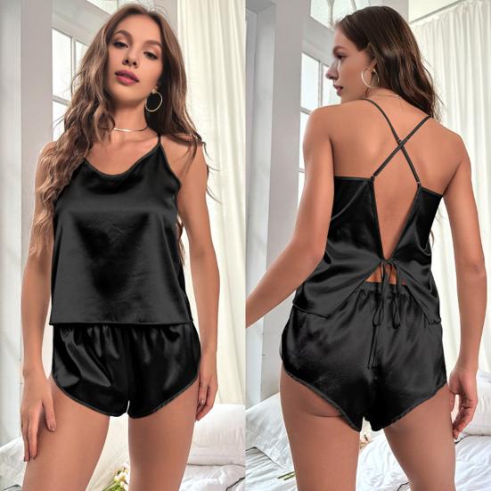 2 шт./комплект женский жилет шорты костюм V-образный вырез без рукавов кружевной топ сзади высокая талия короткие брюки домашняя одежда одежда для отдыха летняя одежда для сна
