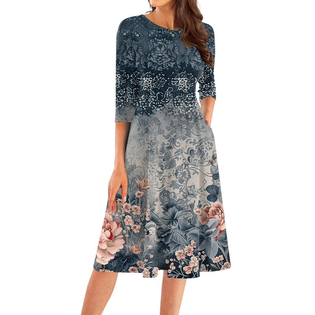 Women's Casual Fashion Round Neck Three Quarter Sleeve Print Midi Dress
