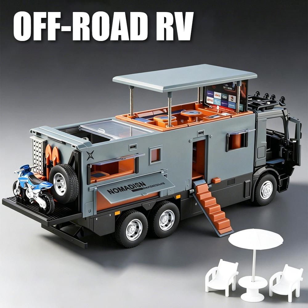1:Модель-игрушка RV для бездорожья в масштабе 1:18, Звук, Свет, Открывающиеся Двери, Металлический Корпус, Складное Зеркало Заднего Вида, Игрушки для Хобби, Украшения