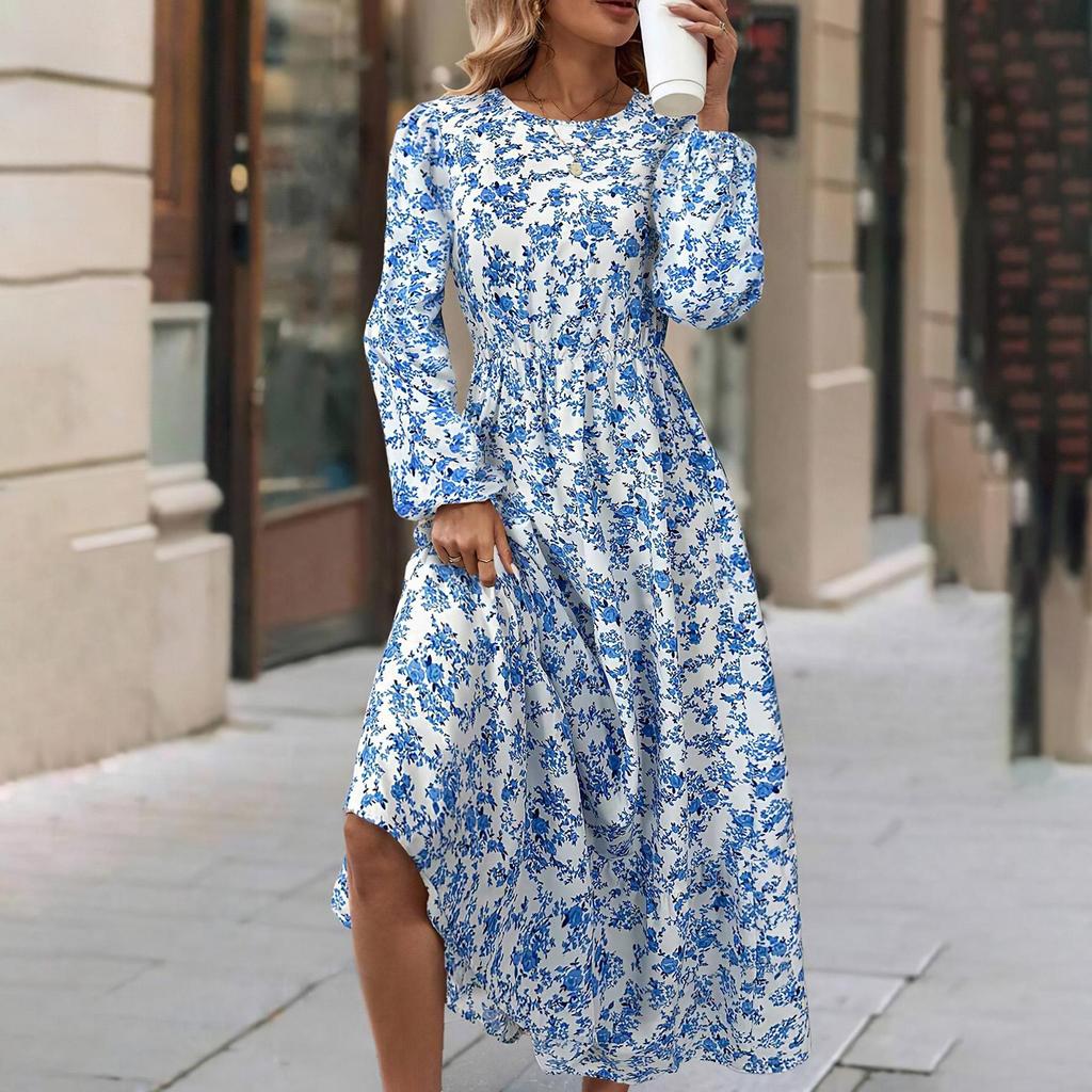 Женское весеннее платье с длинным рукавом и цветочным принтом, О-образным вырезом, летнее повседневное платье А-силуэта длиной до щиколотки, эластичное, с высокой талией, свободное платье