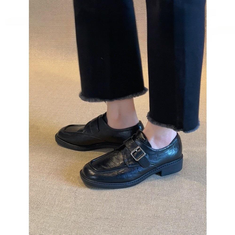 Маленькие кожаные туфли с квадратной пряжкой на ремне, женские туфли 2025 года на толстом каблуке в студенческом стиле, ленивые универсальные туфли-лодочки