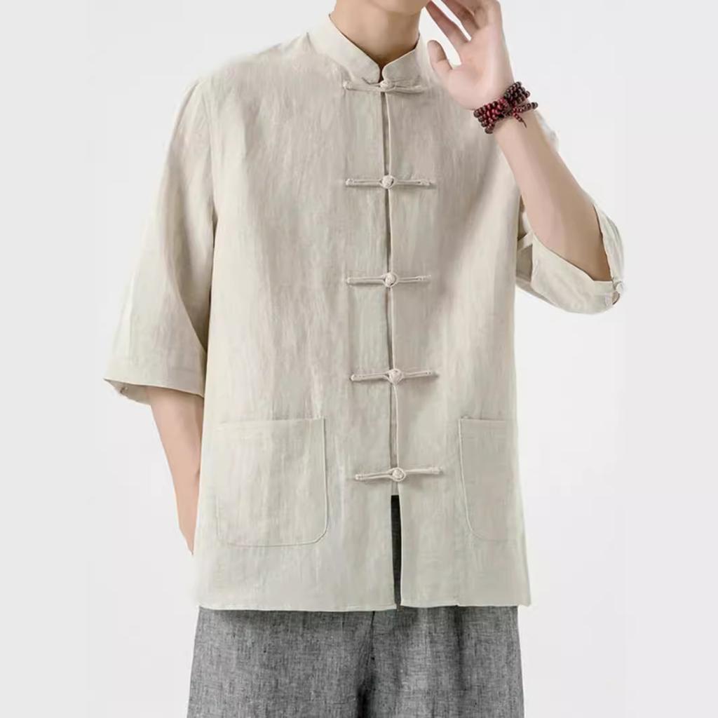 Мужская льняная рубашка в китайском стиле, костюм в китайском стиле Тан, мужская рубашка из хлопка и льна с рукавом три четверти, летний воротник-стойка в стиле ретро