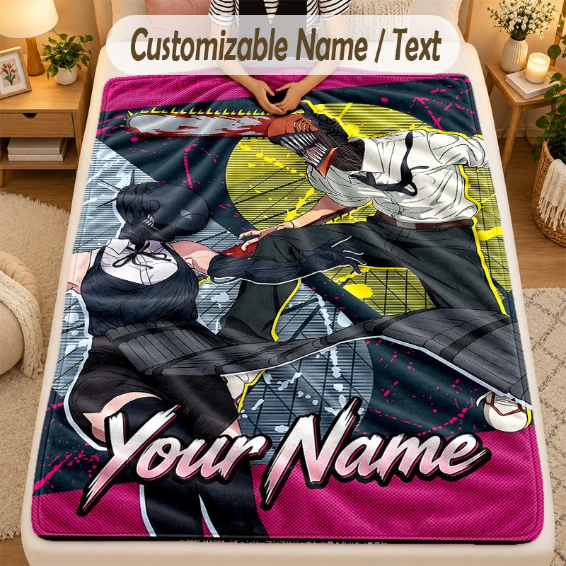 Flannel BlanketChainsaw Man Custom Name Text Personalized Soft Warm Throw Blanket Home Decor Gift