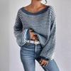 Autumn and Winter Clashing Color Striped Lantern Sleeve One-line Collar Strapless Knitted Sweater