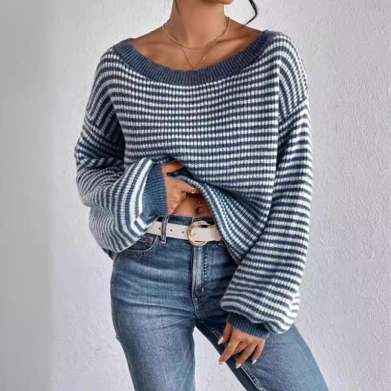 Autumn and Winter Clashing Color Striped Lantern Sleeve One-line Collar Strapless Knitted Sweater