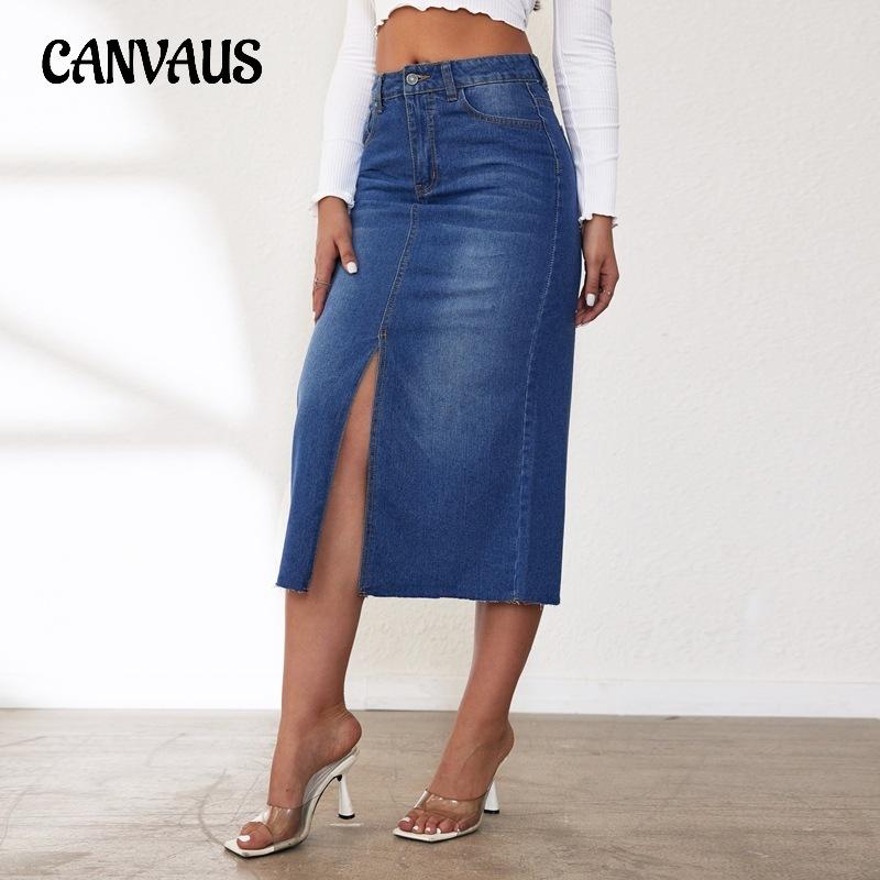 Женская джинсовая юбка, винтажная эластичная джинсовая полуюбка средней длины с разрезом, полуюбка