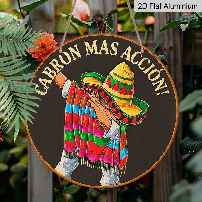 2D Flat, 1pc 7.87-Inch Round French & Mexican-Themed Aluminum Wall Plaque - Spanish/Latin Culture Decor Sign with Mariachi-Inspired Patterns, Mexican