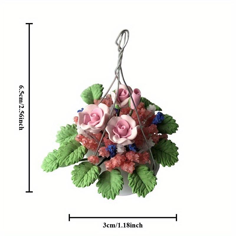 1pcs Garden Balcony Flower Arrangement Ceramic Planter Can Hang Pink Rose Bush Crafts Miniature Scene Ornaments Potted Plants Garden Greenery