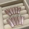 100% HANDMADE Long Medium Short Trapezoid Shape Purple Cat Eye French Style Diamond Stitching Shiny Gentle Fake Nails Art Reusable and Removable