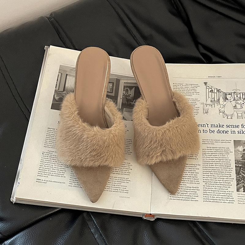 Заостренные замшевые универсальные пушистые тапочки для улицы, осенне-зимняя мода для повышения темперамента, женские тапочки на танкетке, тренд на одну полоску