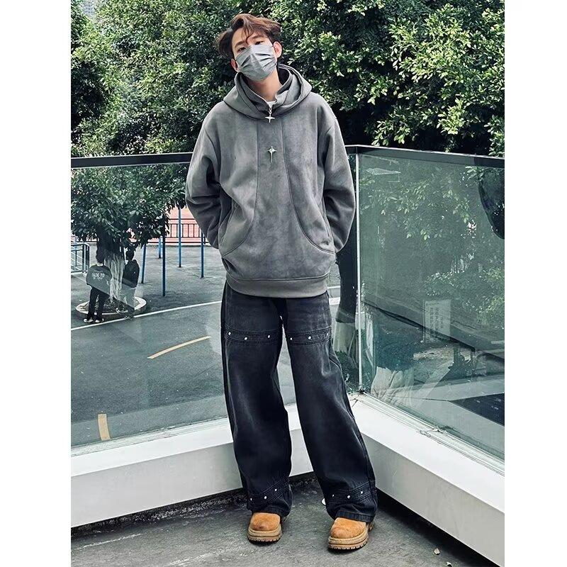 High Street Denim Pants For Men, Retro Distressed, Loose Straight Leg Pants, Wide Leg Sports Pants, Trendy