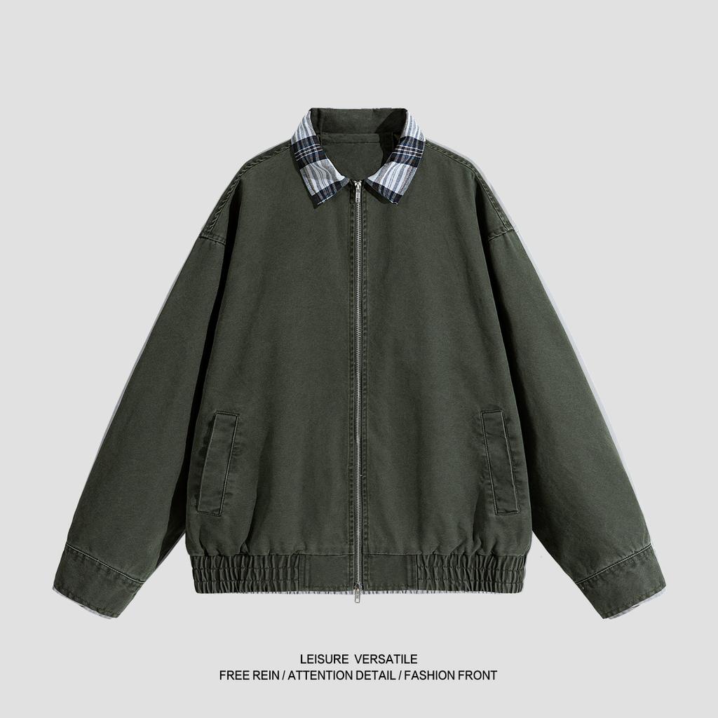 Retro Jacket Men's Spring and Autumn Plaid Lapel Pure Cotton Work Clothes Washing Old Jacket Loose Top