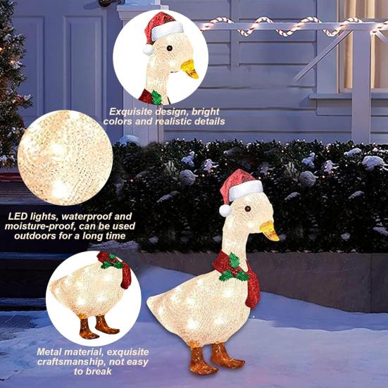 Christmas Light-up Duck Ornament Lighted Acrylic 2D Duck Decoration with Scarf And Santa Hat Outdoor Duck Ornament for Yard Garden Patio Lawn Holiday