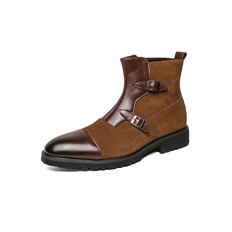 Fashion British New Winter Pointed Toe Men Mid-calf Business Boots Buckle Strap Boots Leather Monk Strap Shoes Street Motorcycle Boots