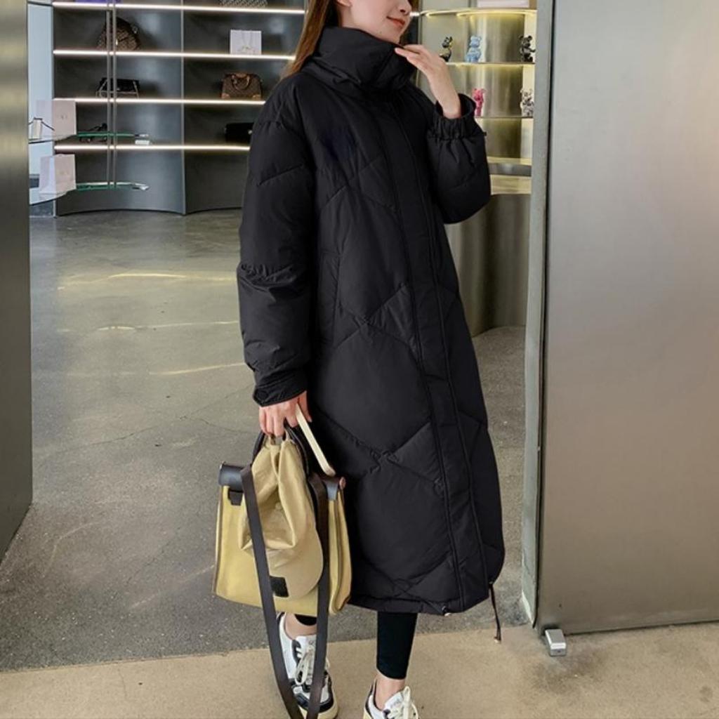 Модные пуховые пальто больших размеров для женщин 2022 года, зимние пуховые пальто в корейском стиле с воротником-стойкой, повседневные однотонные длинные парки, женские молнии, дизайн, шикарный дизайн