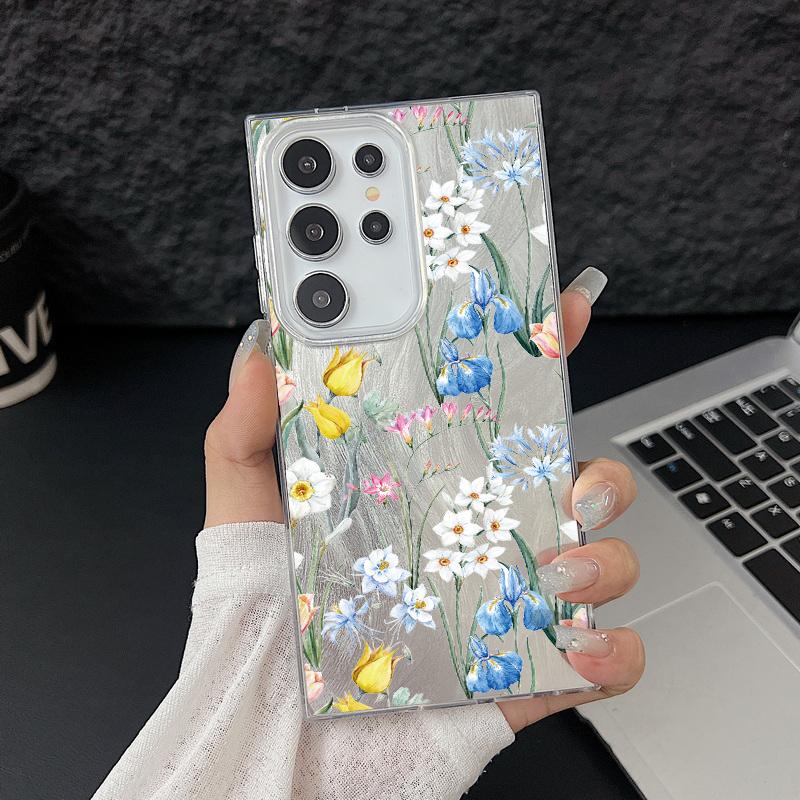 Тонкий чехол для телефона с цветочным узором и перьями для Samsung S25 Ultra S24 FE S23 A56 A36 A16 A55 TPU, ударопрочный, с мягким краем, блестящий, жесткий, из поликарбоната, задняя крышка