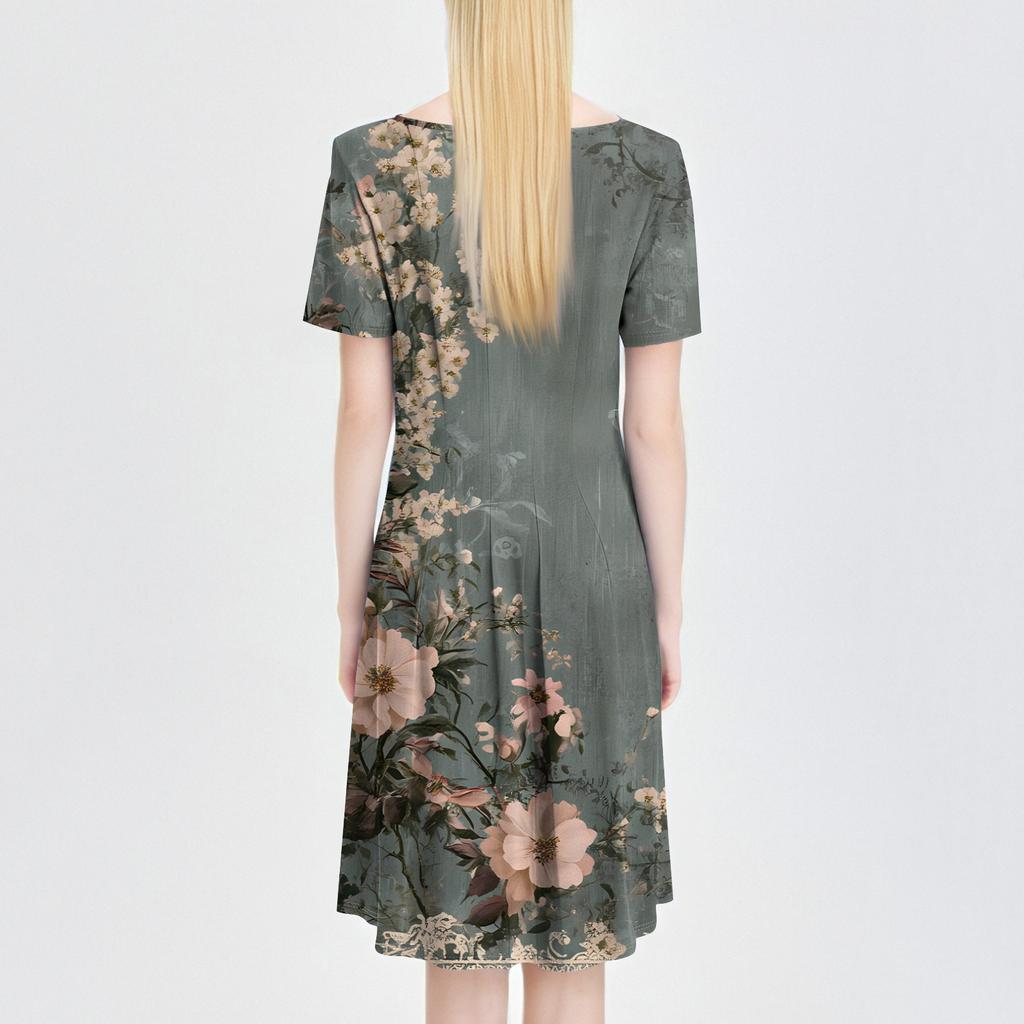 Женское повседневное модное платье миди с круглым вырезом и коротким рукавом с принтом