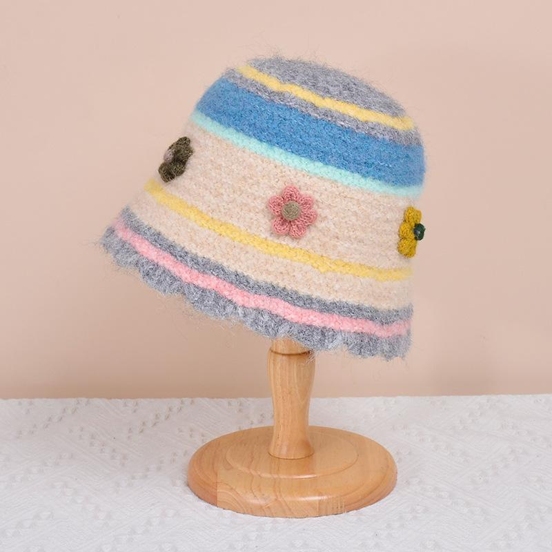 Вязаная шапка-тазик, шерстяная шапка осень-зима, женская шляпа рыбака с красочными цветами