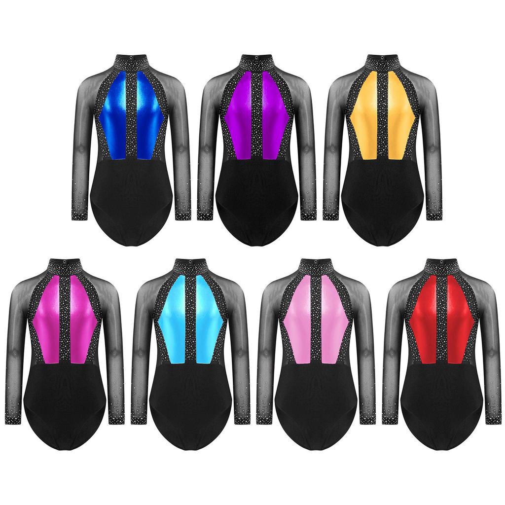 Kids Figure Skating Dress Shiny Rhinestone Ballet Lyrical Dance Costume Rhythmic Gymnastics Leotard Athletic Bodysuit