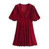 2025 Spring Red Velvet Puff Sleeve Dress: Slim, Sweet & Versatile Women's Fashion