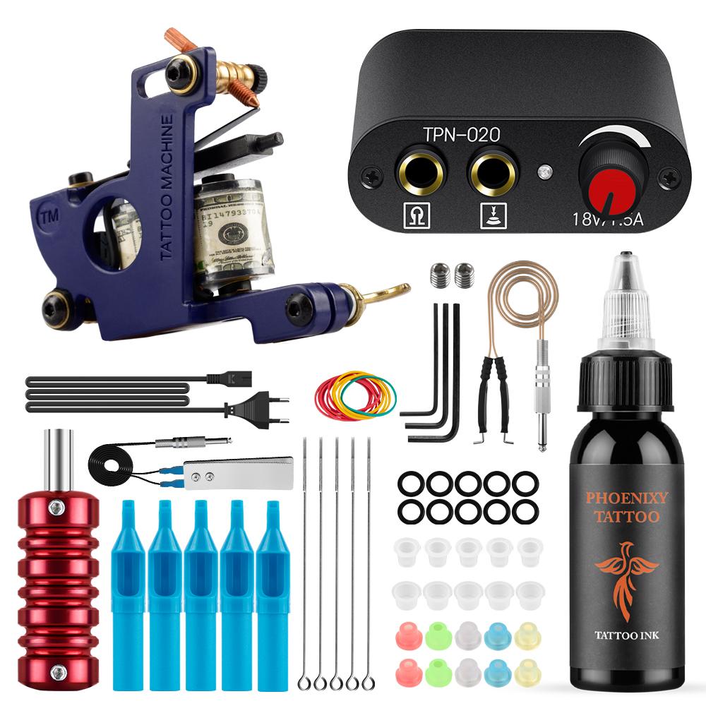 PHOENIXY Starter Tattoo Machines Gun с 30 мл чернилами, пигментом, источником питания для татуировки, традиционные игольчатые ручки для татуировки, инструменты для боди-арта, полный комплект