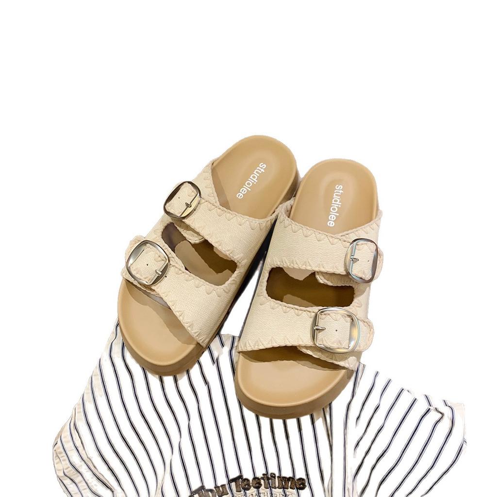 Grape mother, the same style, covering the meat and showing thinness, embroidered double belt buckle, one-word slippers, round head, versatile, lazy,